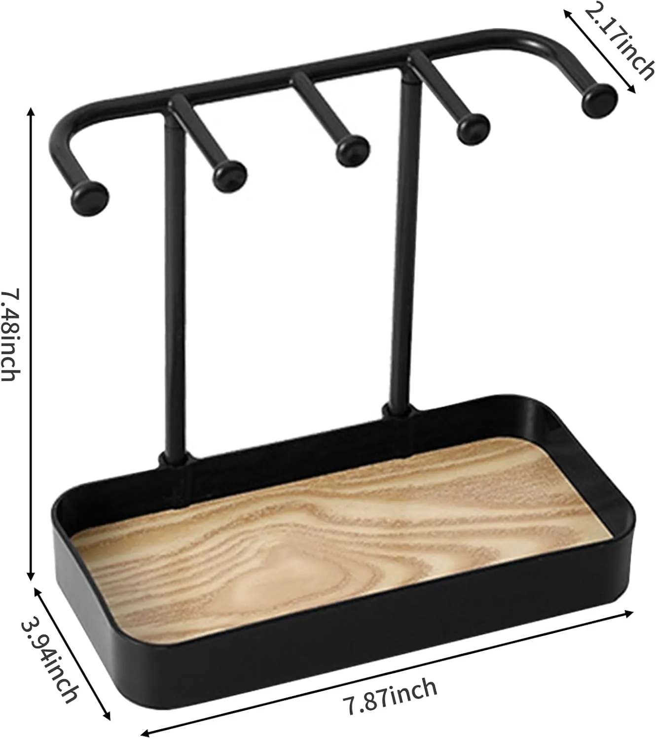 Jewelry Organizer Stand, Necklaces Holder with Wooden Tray, Necklace Display Stand Jewelry Storage Hooks for Necklace, Bracelets, Earrings, Ring, Keys, Watches (Black)