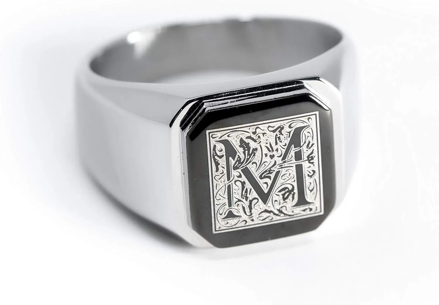 Jewelry | Stainless Steel Letter Alphabet Initial Ring | Square Flat Top Ring for Men & Women | Stainless Steel Jewelry, (Black, Gold, Silver), Size 7-16