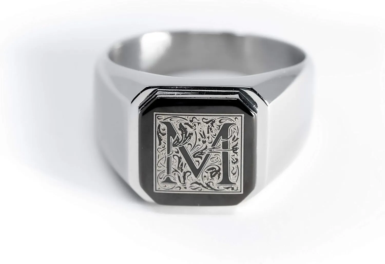 Jewelry | Stainless Steel Letter Alphabet Initial Ring | Square Flat Top Ring for Men & Women | Stainless Steel Jewelry, (Black, Gold, Silver), Size 7-16