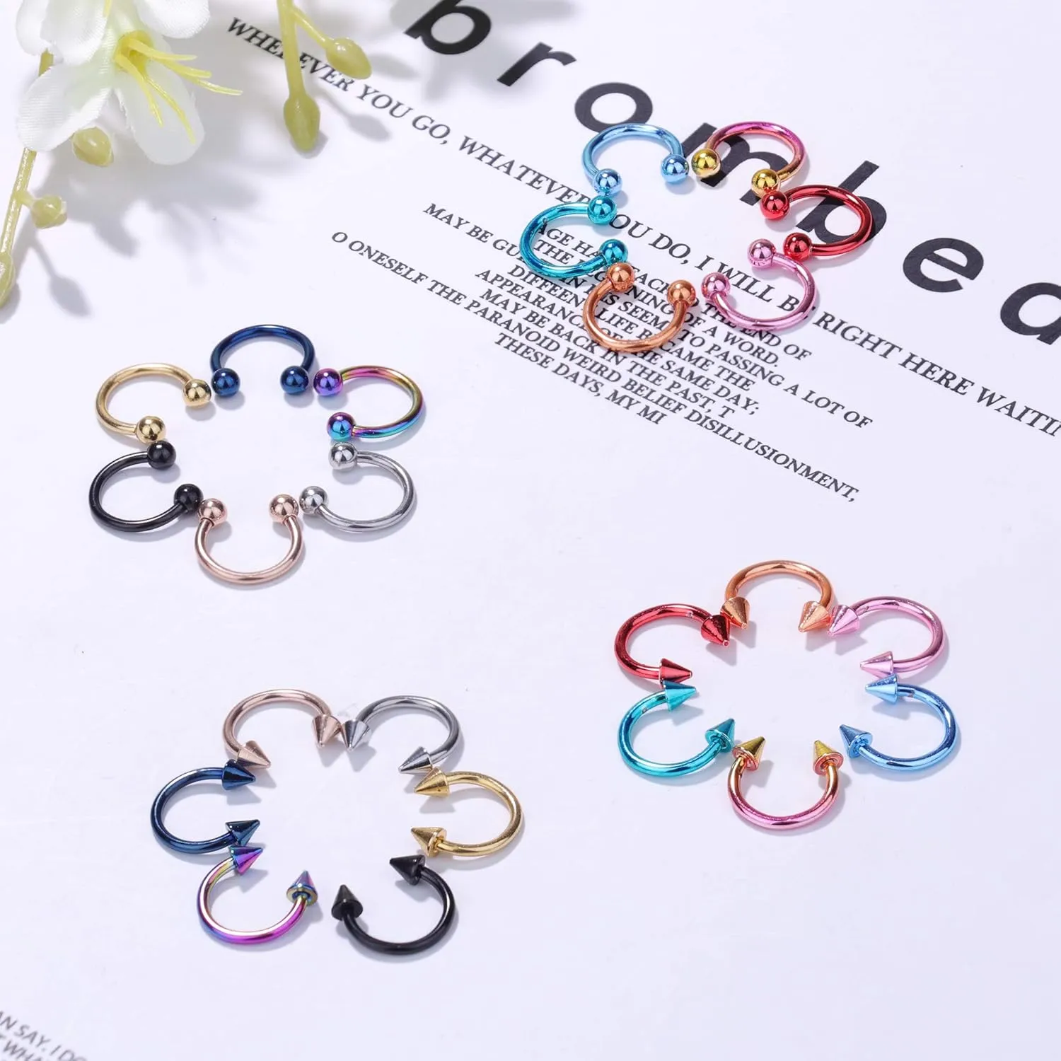 JOERICA 24-30PCS 16G Horseshoe Septum Rings Stainless Steel Nose Circular Barbells Rings Cartilage Tragus Helix Eyebrow Daith Earring Piercings Body Jewelry Ball and Arrow 8mm/10mm