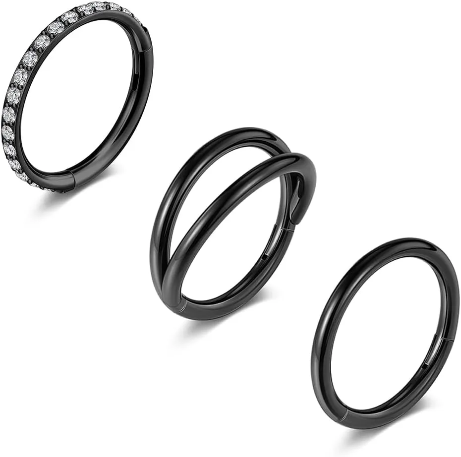 Jovivi 3pcs Nose Rings Hoops - 316L Surgical Steel Double Hoop Nose Rings 18G Hinged CZ Conch Piercing Jewelry Septum Clicker Lip Rings Cartilage Earring Helix Rook Tragus Daith 8mm