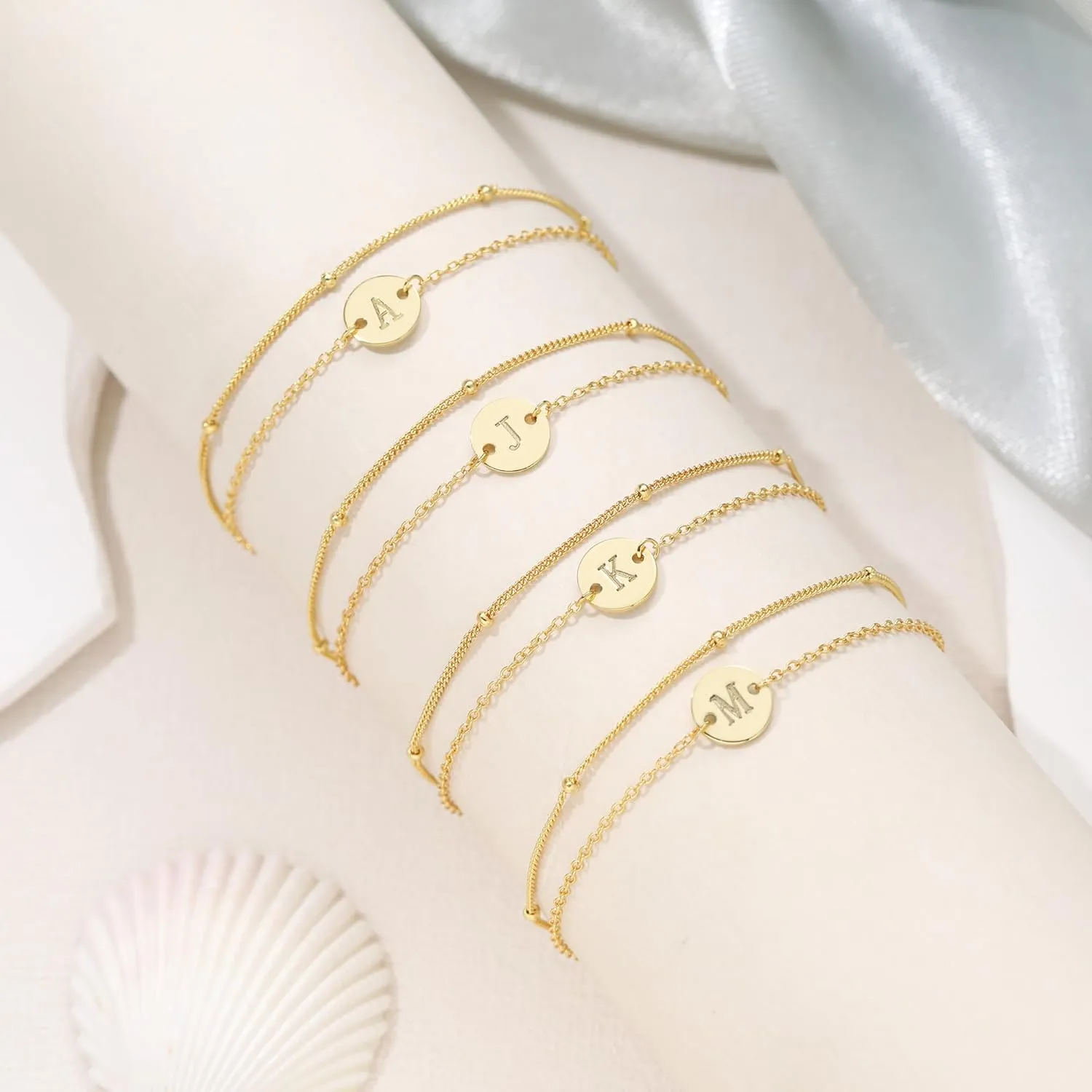 JSJOY S925 Initial Bracelet Stack Birthday Gifts for Women 925 Sterling Silver Bracelets for Women Trendy Letter A-Z Gold Bracelets for Women Gifts