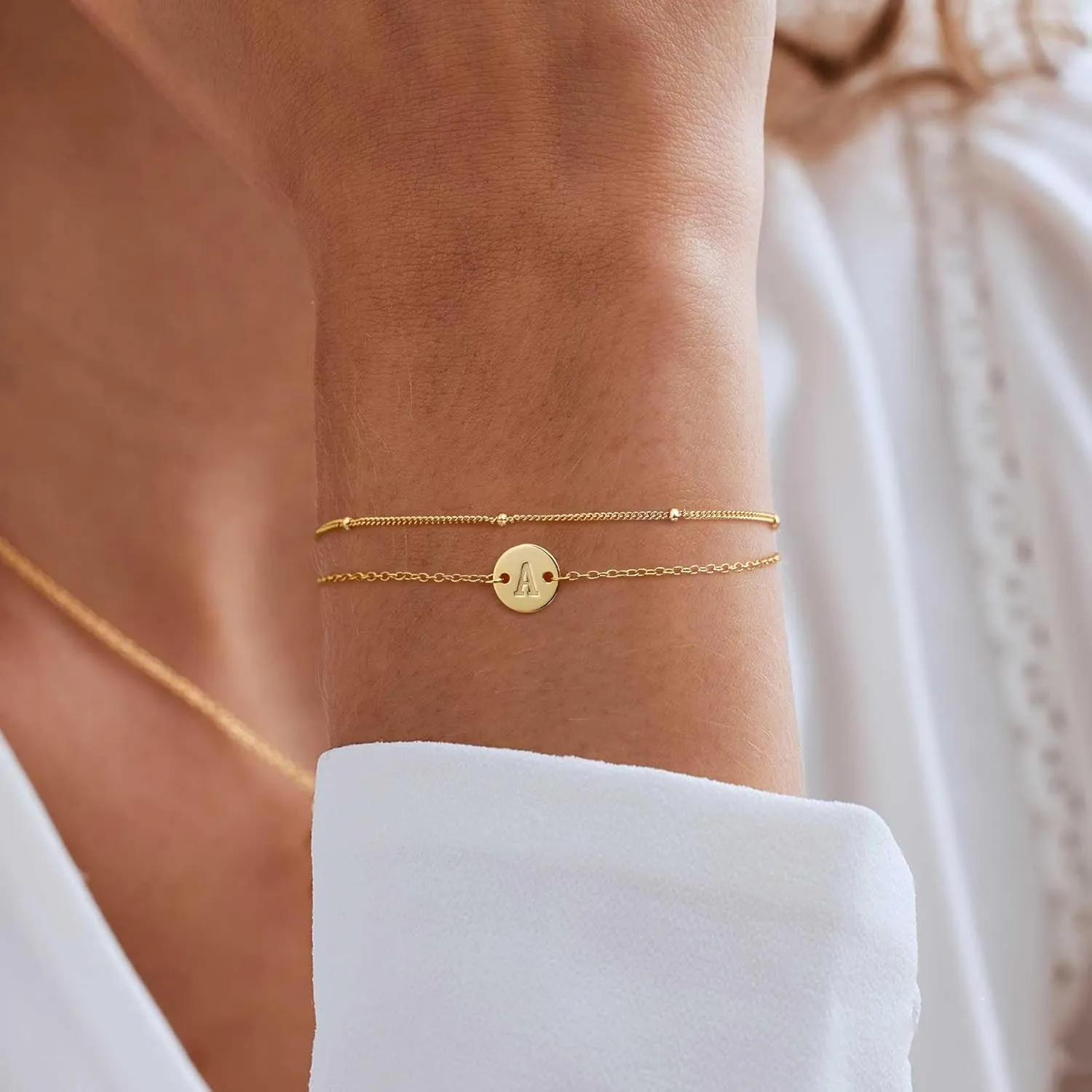 JSJOY S925 Initial Bracelet Stack Birthday Gifts for Women 925 Sterling Silver Bracelets for Women Trendy Letter A-Z Gold Bracelets for Women Gifts