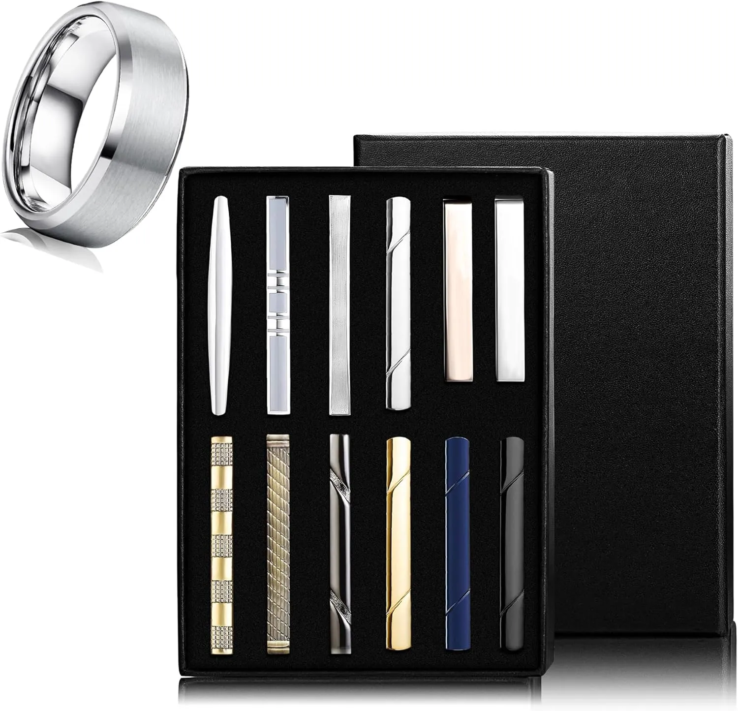 Jstyle Men's Ring and Tie Clips Set Silver Size 10 Band Rings & Men Clip Set for Regular Ties Necktie Wedding Business