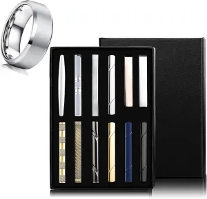 Jstyle Men's Ring and Tie Clips Set Silver Size 10 Band Rings & Men Clip Set for Regular Ties Necktie Wedding Business