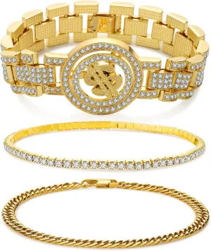 JUNVirtuous 3 Pieces Bracelets Set for Women Cuban Link Chain Ankle Bracelets Silver/Gold Bling Diamond Hip Hop Jewelry Gift for Men and Women