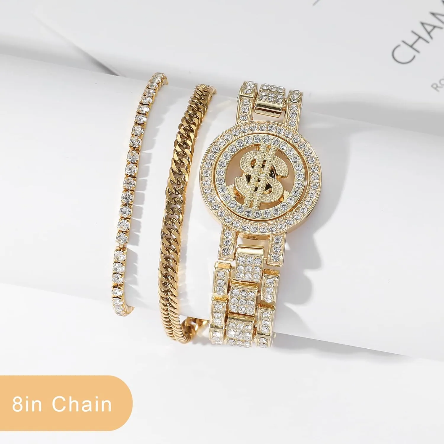 JUNVirtuous 3 Pieces Bracelets Set for Women Cuban Link Chain Ankle Bracelets Silver/Gold Bling Diamond Hip Hop Jewelry Gift for Men and Women