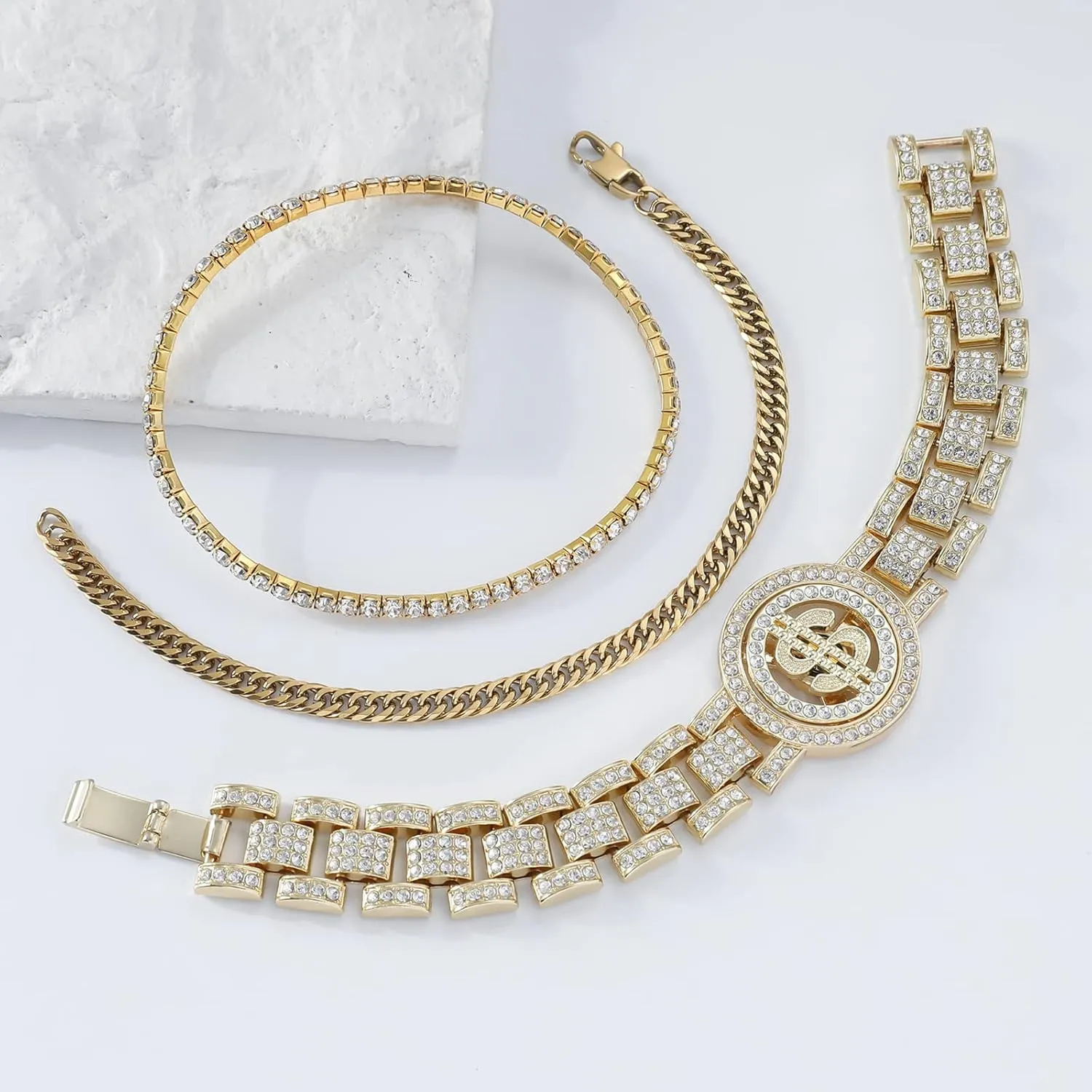 JUNVirtuous 3 Pieces Bracelets Set for Women Cuban Link Chain Ankle Bracelets Silver/Gold Bling Diamond Hip Hop Jewelry Gift for Men and Women