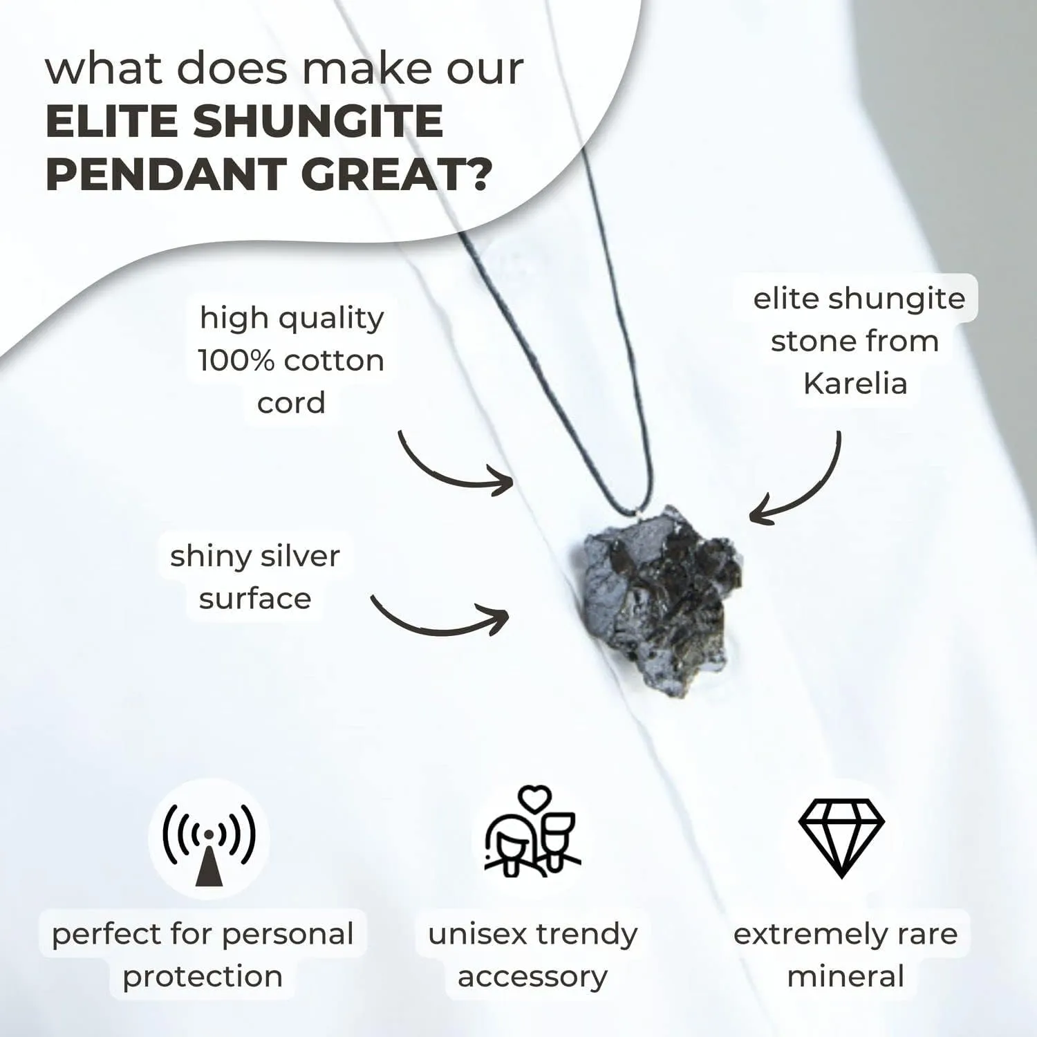 Karelian Heritage Elite Shungite Pendant | Minimalistic Black Crystal Jewelry | Defender Shield Protection Necklace Raw Stone | Chakra Healing Crystal Necklace, Reiki Meditation, Grounding