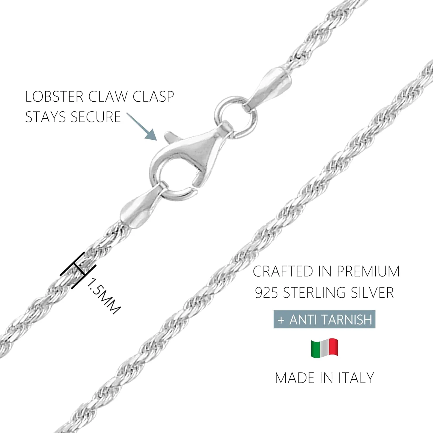 KISPER Solid 925 Sterling Diamond Cut 1.6mm Rope Chain Necklace for Women - Italian Made Durable Hypoallergenic Jewelry 16 18 20 22 24 30 Inch