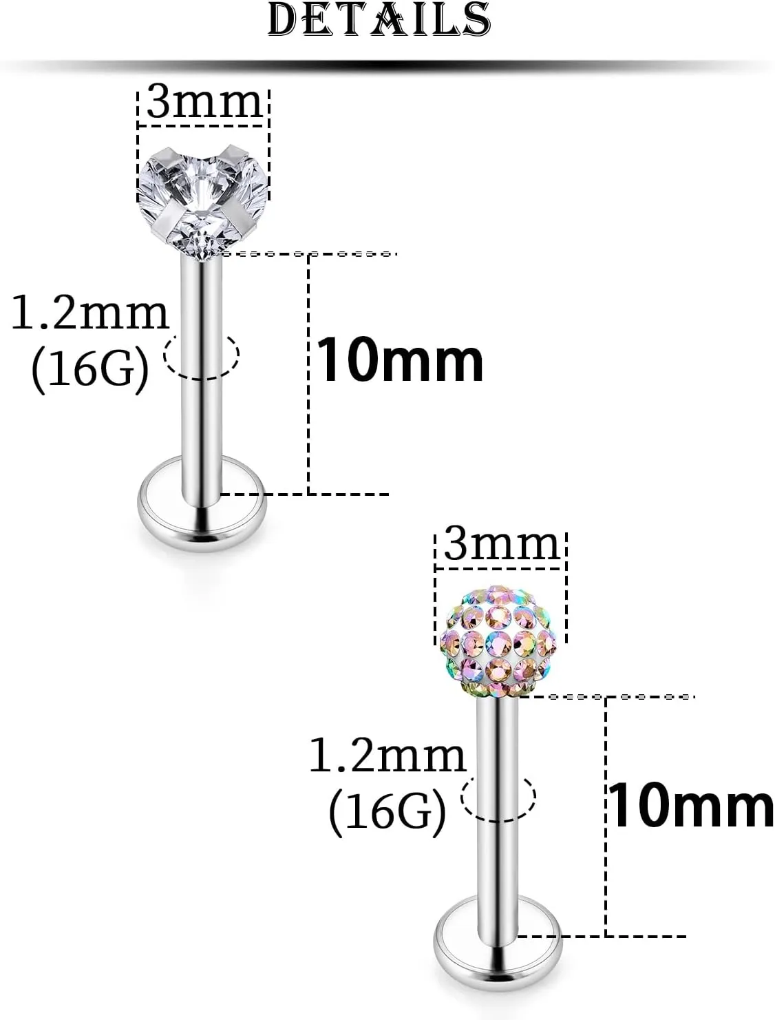 Kridzisw 16G Lip Labret Medusa Rings Studs Internally Threaded 316L Surgical Steel Snake Bite Lip Rings Flat Back Catilage Tragus Helix Daith Earrings Piercings Jewelry for Women Men 8mm