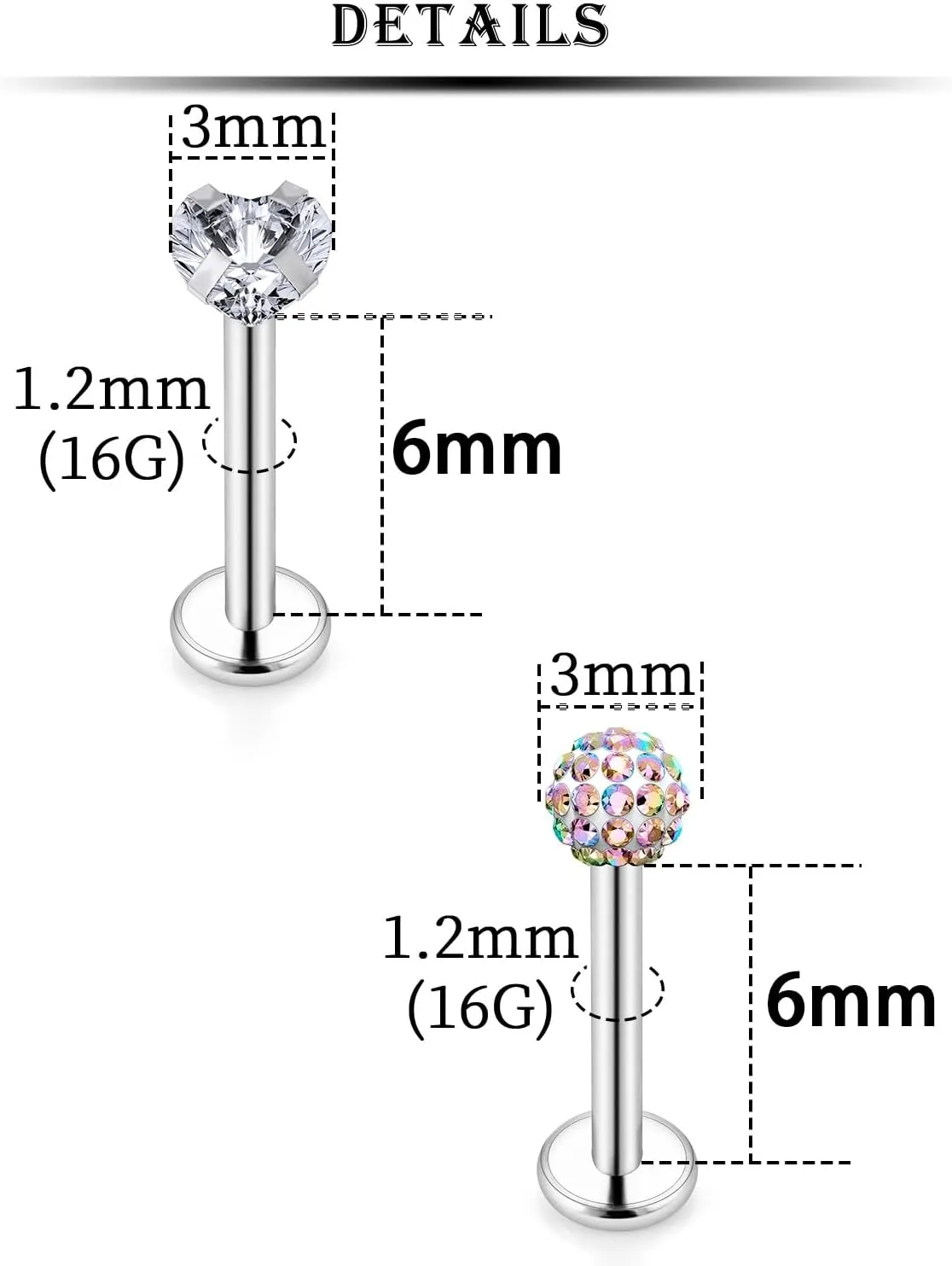 Kridzisw 16G Lip Labret Medusa Rings Studs Internally Threaded 316L Surgical Steel Snake Bite Lip Rings Flat Back Catilage Tragus Helix Daith Earrings Piercings Jewelry for Women Men 8mm