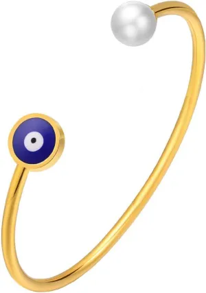KunBead Blue Evil Eye Simulated Pearl Birthday Bracelet Stainless Steel Love Bangle Cuff Jewelry Bracelets for Women
