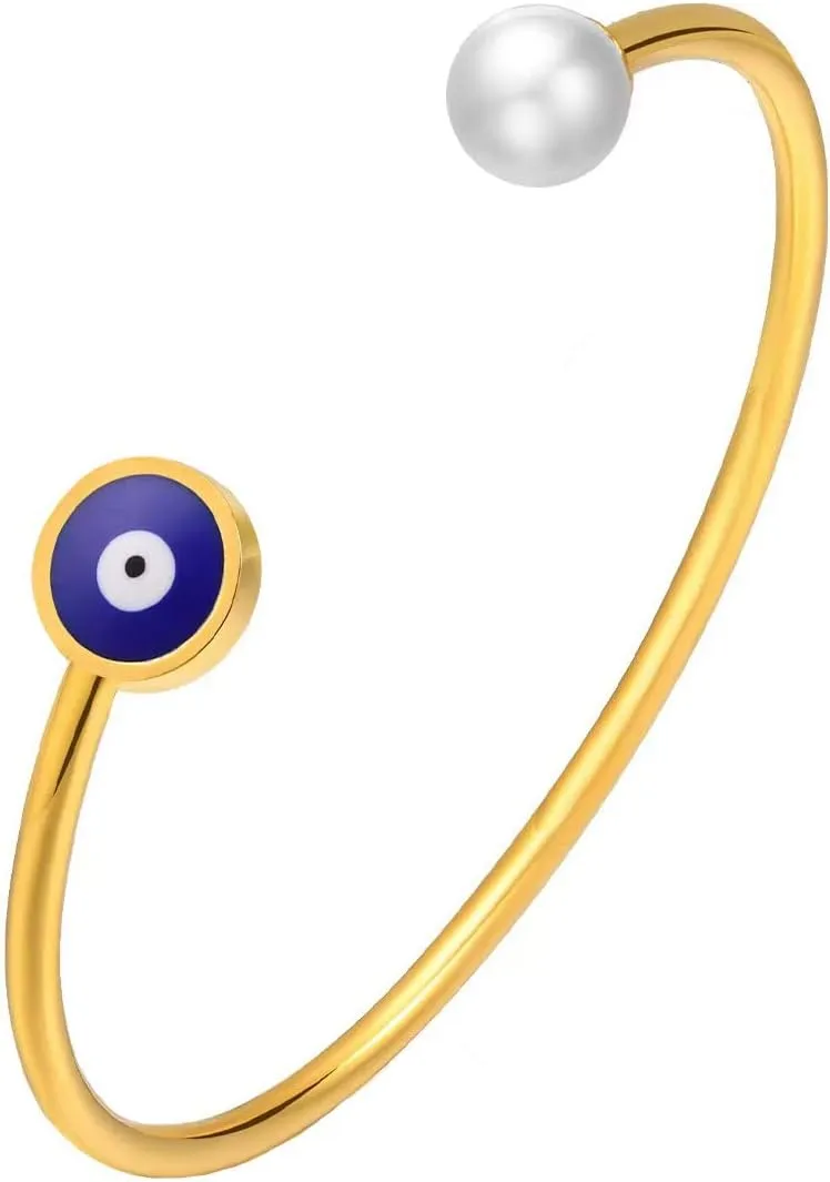 KunBead Blue Evil Eye Simulated Pearl Birthday Bracelet Stainless Steel Love Bangle Cuff Jewelry Bracelets for Women