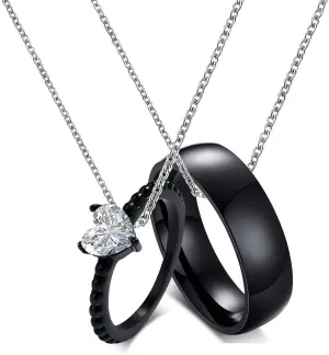 KunBead Zircon Black Ring Necklace Matching Couple Jewelry Necklace for Him and Her sets for 2-Stainless Steel
