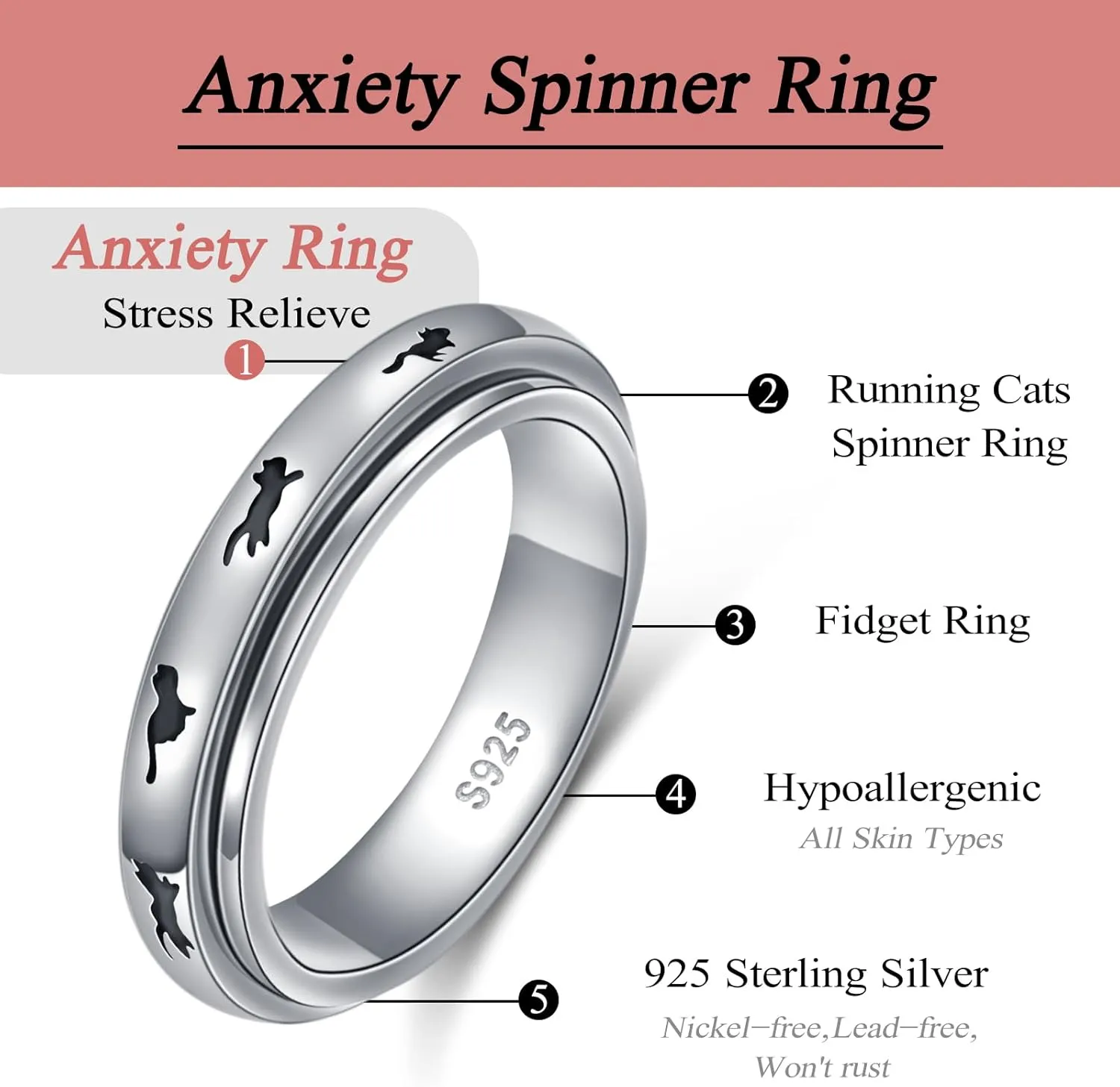Ladytree Anxiety Relieve Rings 925 Sterling Silver Spinner Fidget Ring Worry Stress Relieving Boredom ADHD Autism Ring Platinum Plated Jewelry Birthday Gifts for Women Men