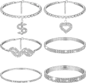 Laumoi 6 Pcs Ankle Bracelets for Women Christmas Rhinestone Stretch Anklet Heart Ankle Bracelets Anklet Jewelry Crystal Foot Chain(Silver, Twist Style)