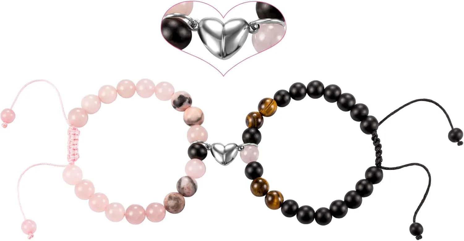 LAXPICOL 2 Pcs Couple Bracelets 8mm Natural Stone Beads Healing Crystals Stretch Bracelet Matching Heart Charms Adjustable for His and Her Jewelry Lovers Best Friends Friendship Gifts