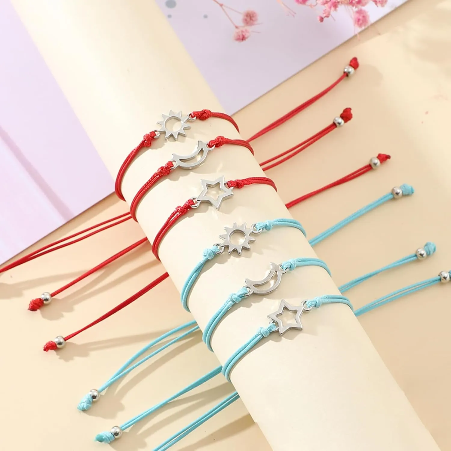 Lnnmomn 3 PCS Friendship Bracelets for 3 Best Friend Couples with Moon Sun Star Adjustable Handmade Cord Relationship Bracelets Jewelry Gift for Best Friend Family