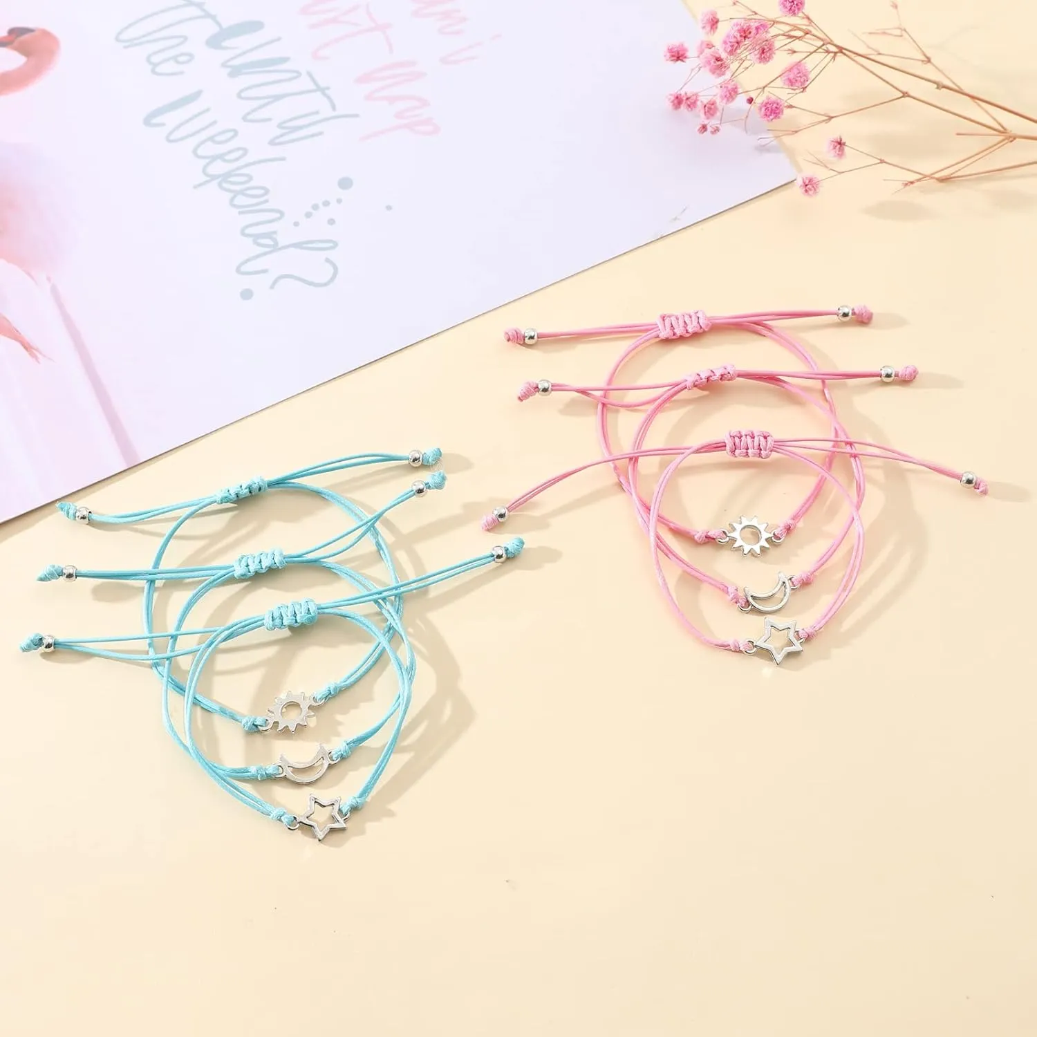 Lnnmomn 3 PCS Friendship Bracelets for 3 Best Friend Couples with Moon Sun Star Adjustable Handmade Cord Relationship Bracelets Jewelry Gift for Best Friend Family