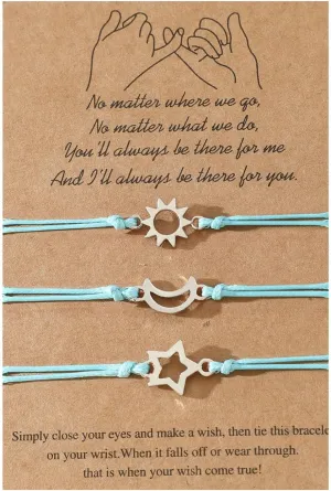 Lnnmomn 3 PCS Friendship Bracelets for 3 Best Friend Couples with Moon Sun Star Adjustable Handmade Cord Relationship Bracelets Jewelry Gift for Best Friend Family