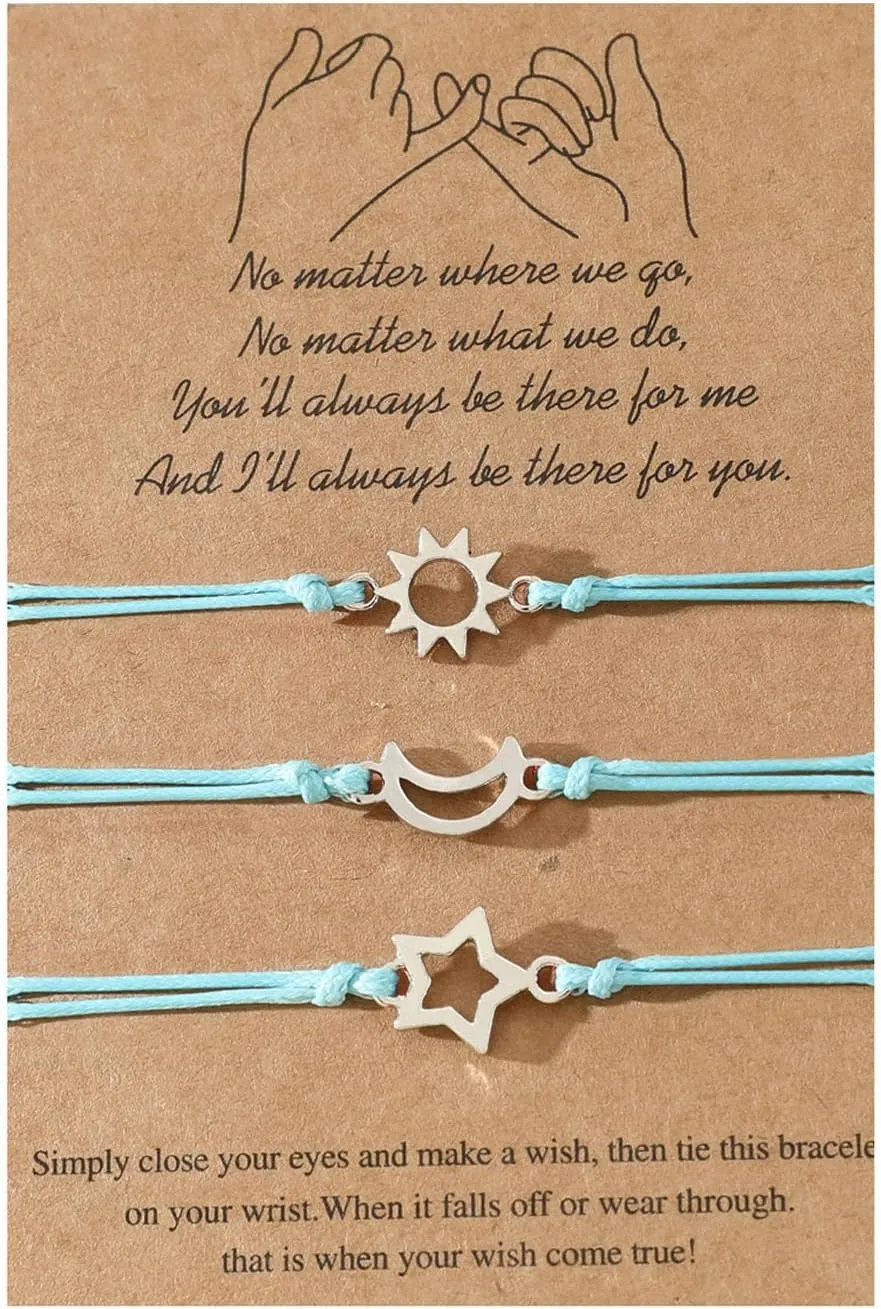 Lnnmomn 3 PCS Friendship Bracelets for 3 Best Friend Couples with Moon Sun Star Adjustable Handmade Cord Relationship Bracelets Jewelry Gift for Best Friend Family