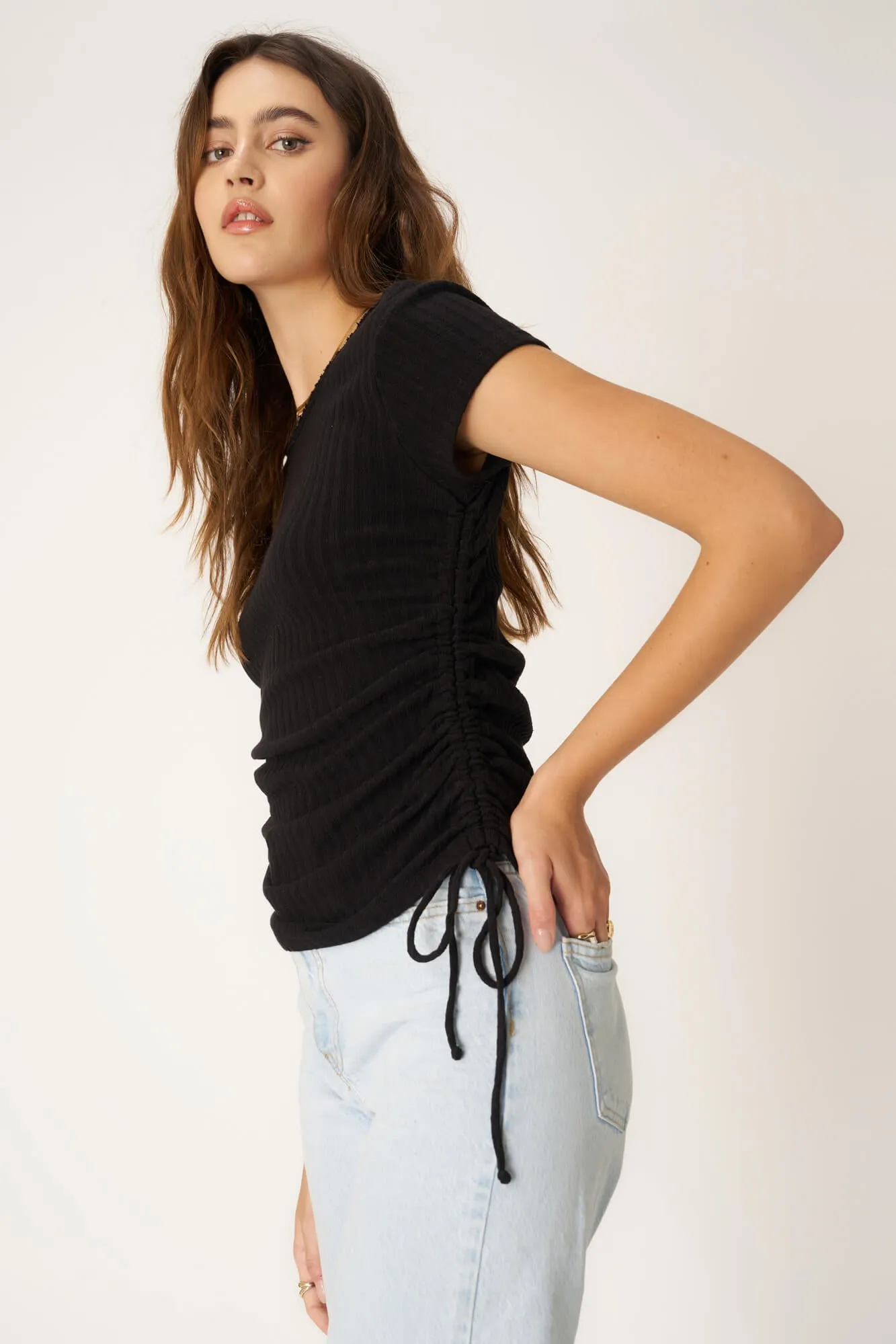 Lolita Side Ruched Sweater Rib Tee - Black