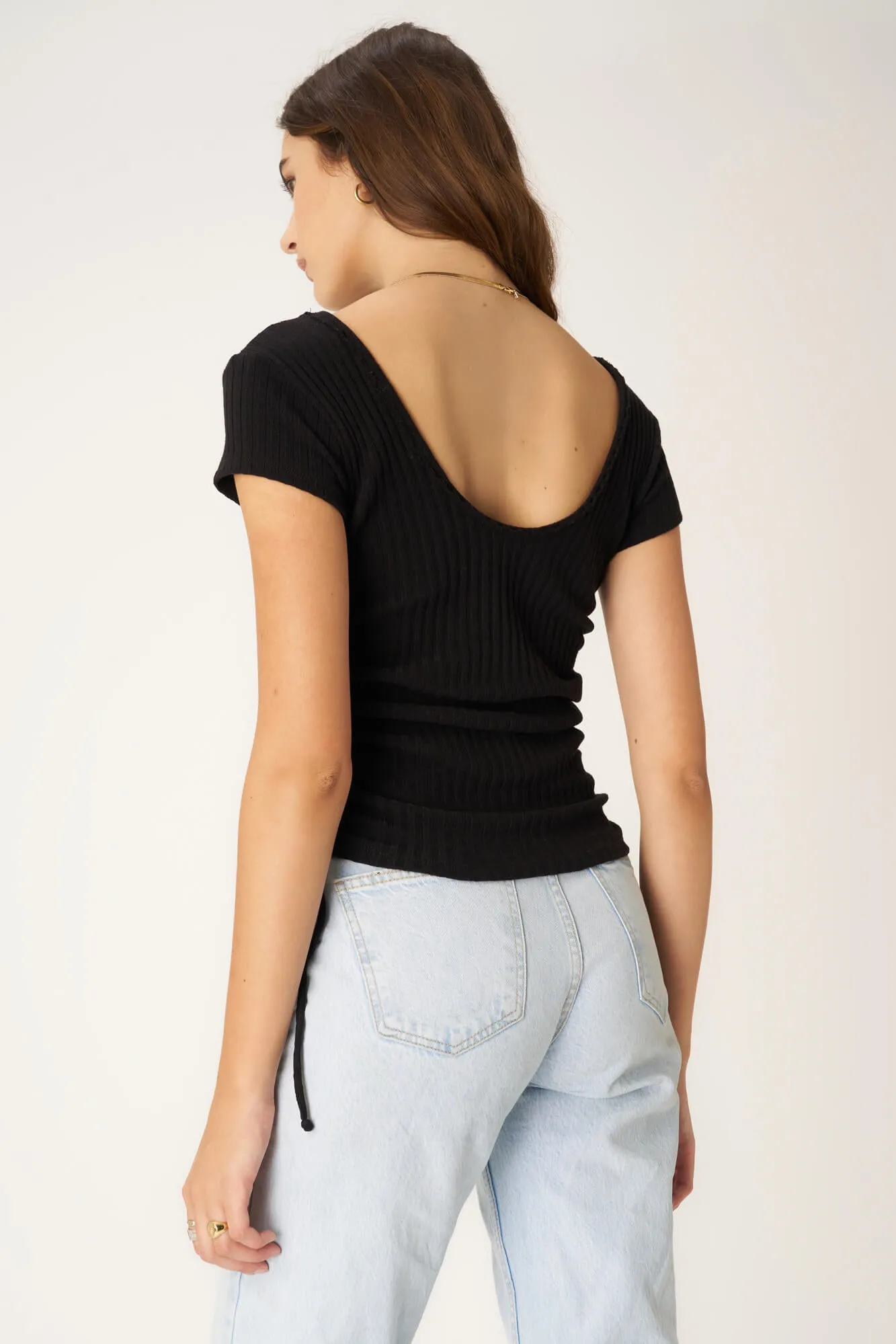 Lolita Side Ruched Sweater Rib Tee - Black