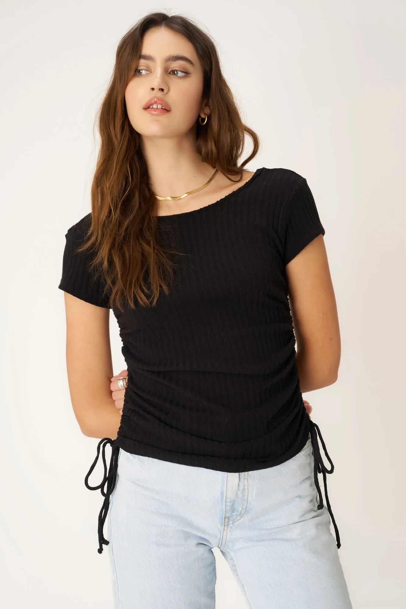 Lolita Side Ruched Sweater Rib Tee - Black
