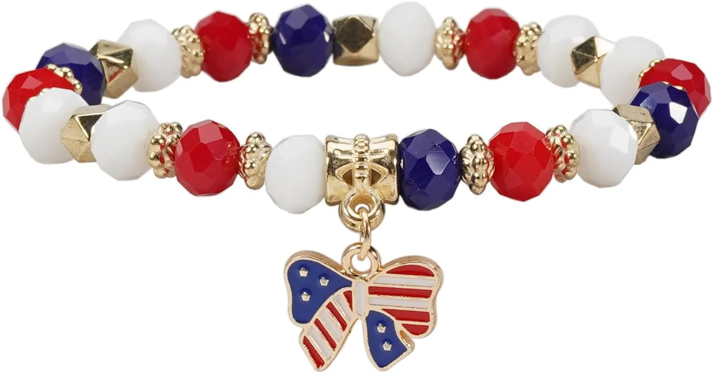 Lonext American Flag Bracelet for Women Mens USA Red Blue White Beads Stretch Bracelet Set Patriotic 4th of July Independence Day