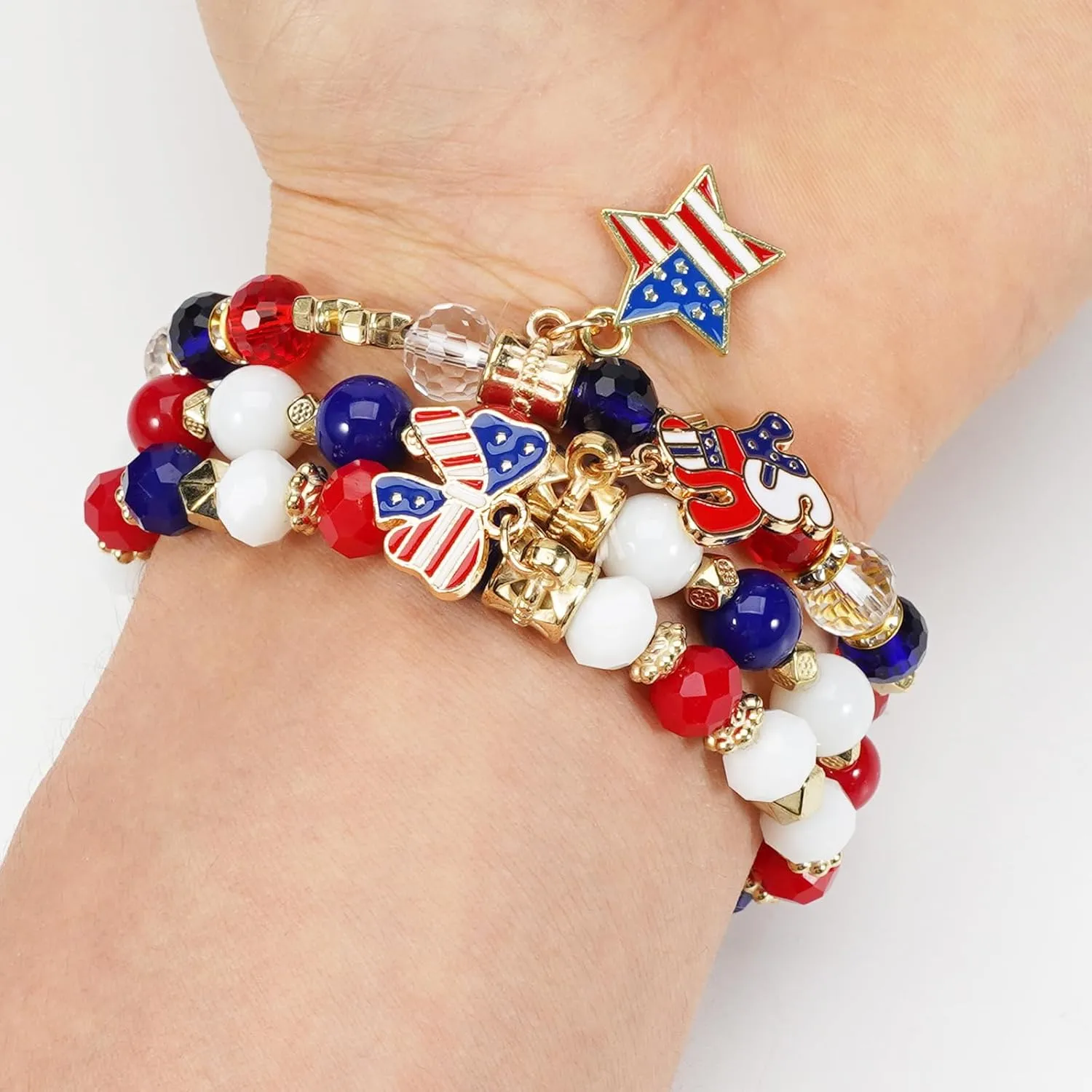 Lonext American Flag Bracelet for Women Mens USA Red Blue White Beads Stretch Bracelet Set Patriotic 4th of July Independence Day