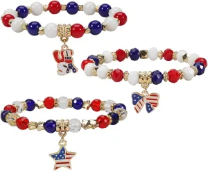 Lonext American Flag Bracelet for Women Mens USA Red Blue White Beads Stretch Bracelet Set Patriotic 4th of July Independence Day