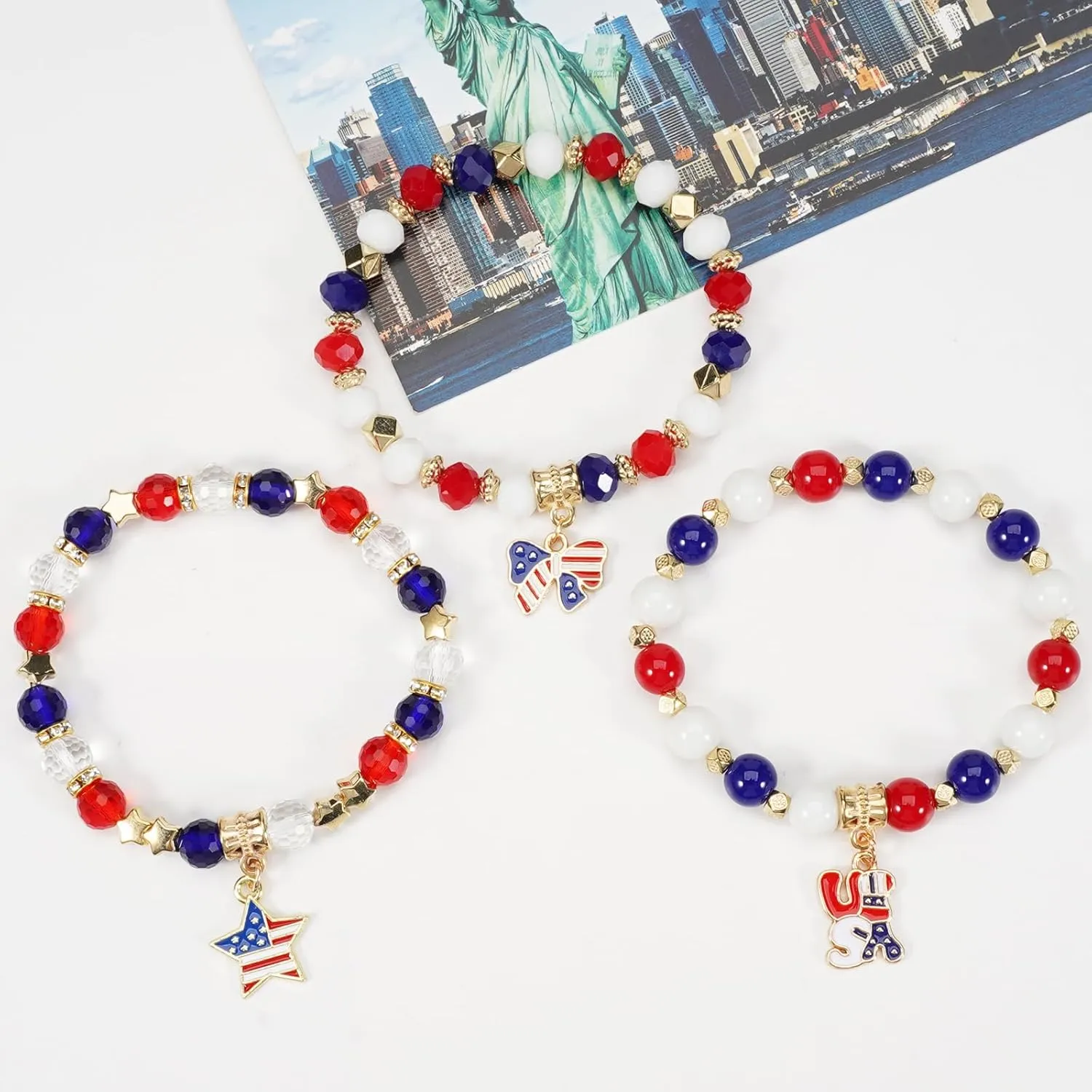Lonext American Flag Bracelet for Women Mens USA Red Blue White Beads Stretch Bracelet Set Patriotic 4th of July Independence Day