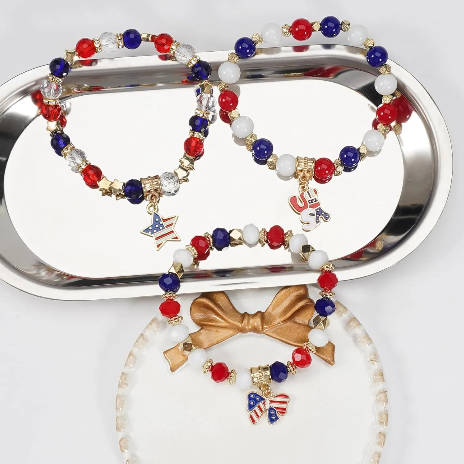 Lonext American Flag Bracelet for Women Mens USA Red Blue White Beads Stretch Bracelet Set Patriotic 4th of July Independence Day