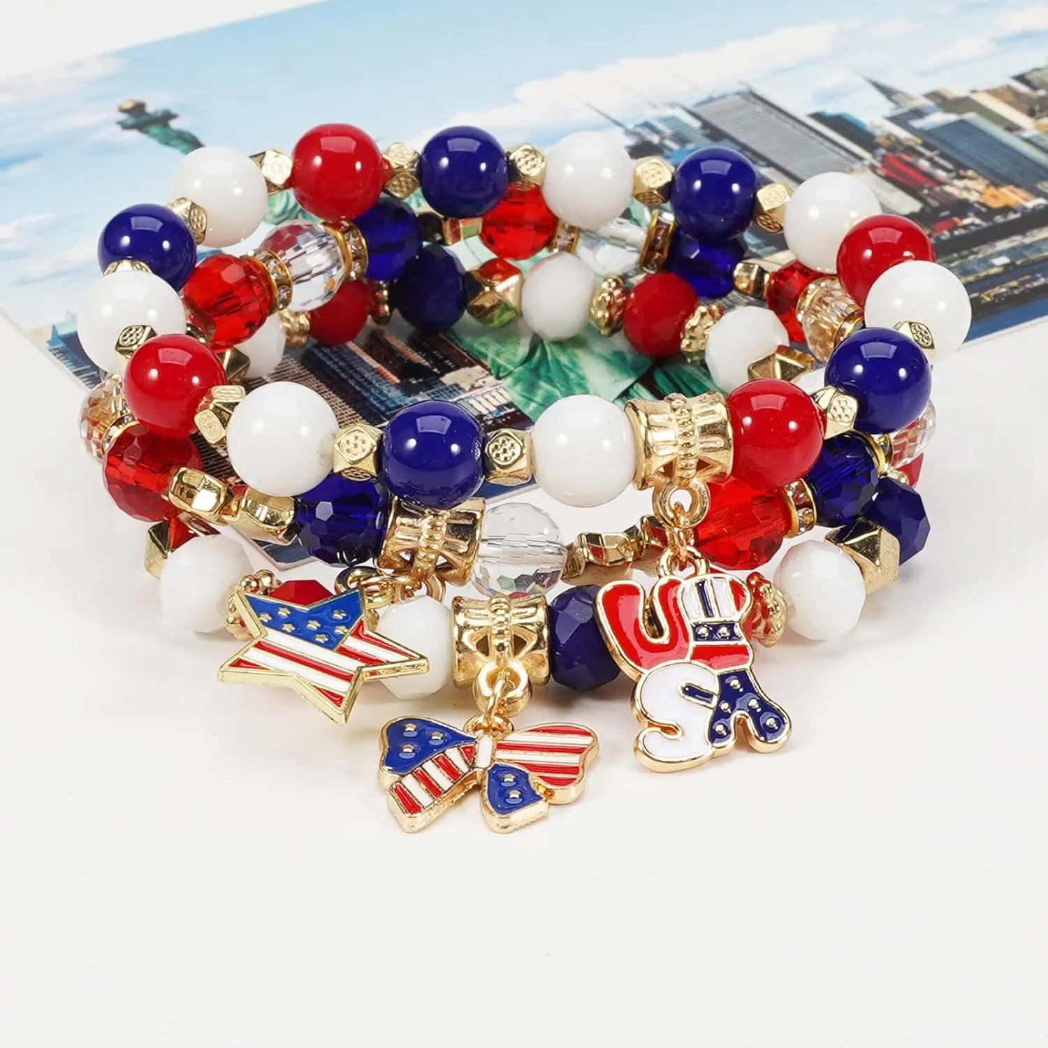 Lonext American Flag Bracelet for Women Mens USA Red Blue White Beads Stretch Bracelet Set Patriotic 4th of July Independence Day