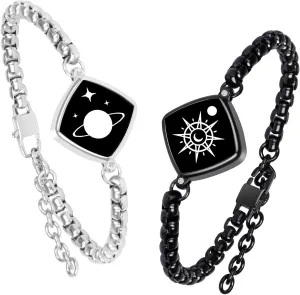 Long Distance Touch Bracelets Jewelry Set, Remote Smart Connection Love Bracelet,Send SOS SMS Relationship Bracelets Moon Stars for Couples Lovers Family Friends Festivals Valentine's Day Gifts Silver