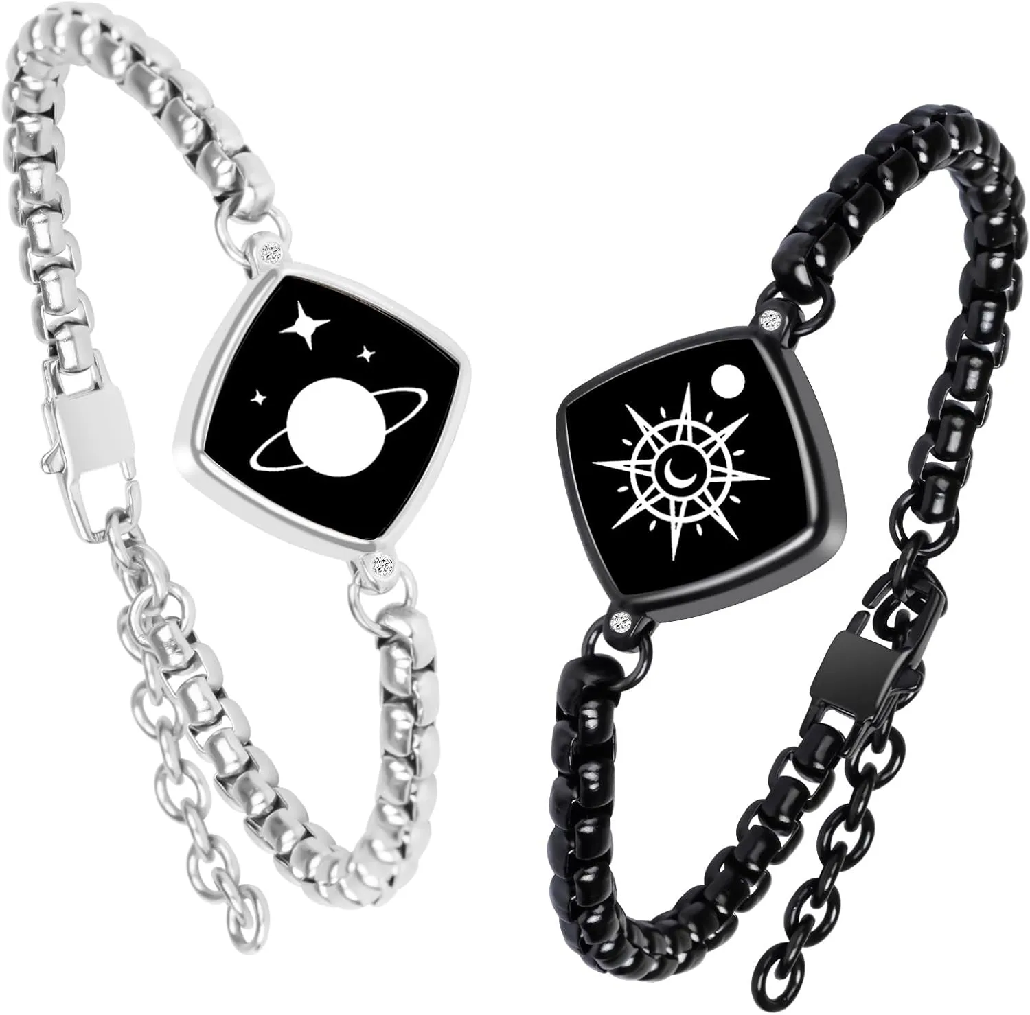 Long Distance Touch Bracelets Jewelry Set, Remote Smart Connection Love Bracelet,Send SOS SMS Relationship Bracelets Moon Stars for Couples Lovers Family Friends Festivals Valentine's Day Gifts Silver