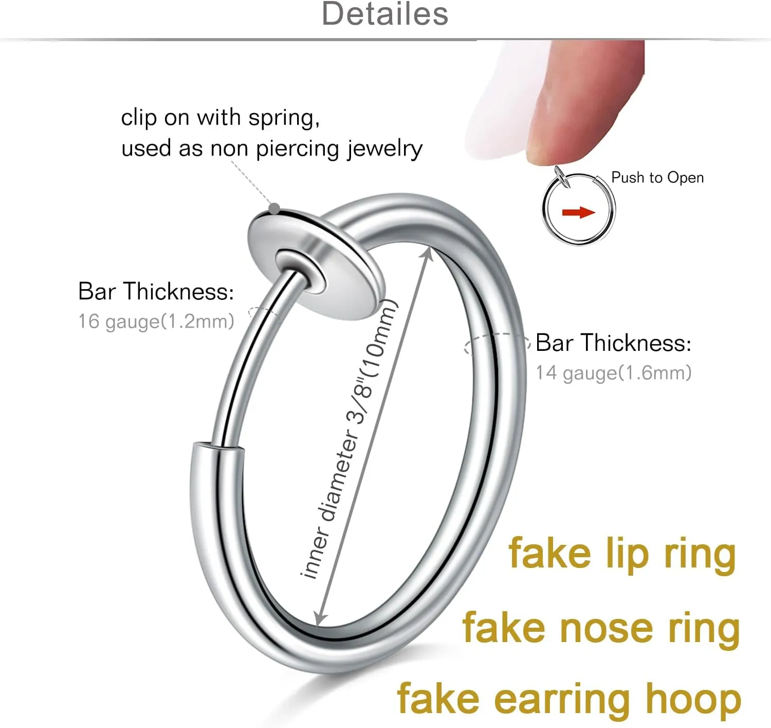 Longita Fake Nose Ring Fake Lip Piercing Non Piercing Lip Ring Hoop Stick on Snake Bites Faux Eyebrow Piercings Clip on Earring Cuffs Small Earring Hoop no Pierced