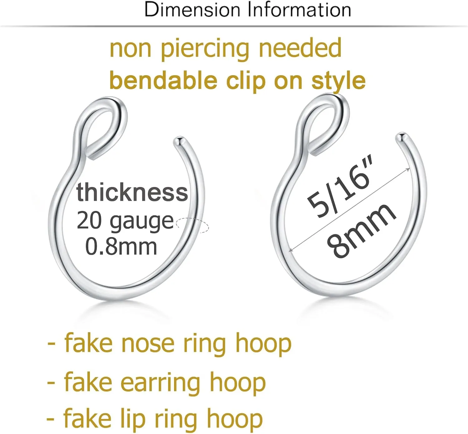 Longita Fake Nose Ring Fake Lip Piercing Non Piercing Lip Ring Hoop Stick on Snake Bites Faux Eyebrow Piercings Clip on Earring Cuffs Small Earring Hoop no Pierced