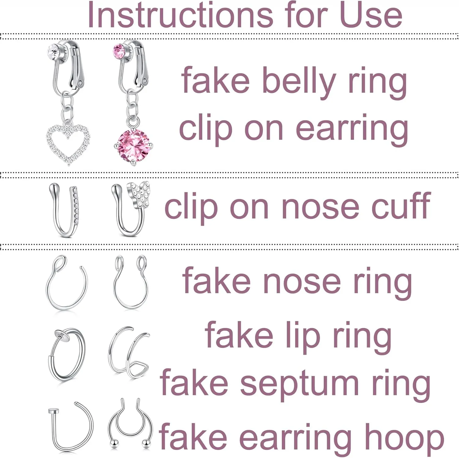 Longita Fake Piercings - Nose Ring, Eyebrow, Lip Ring, Labret Studs & More - Adhesive Face Jewelry