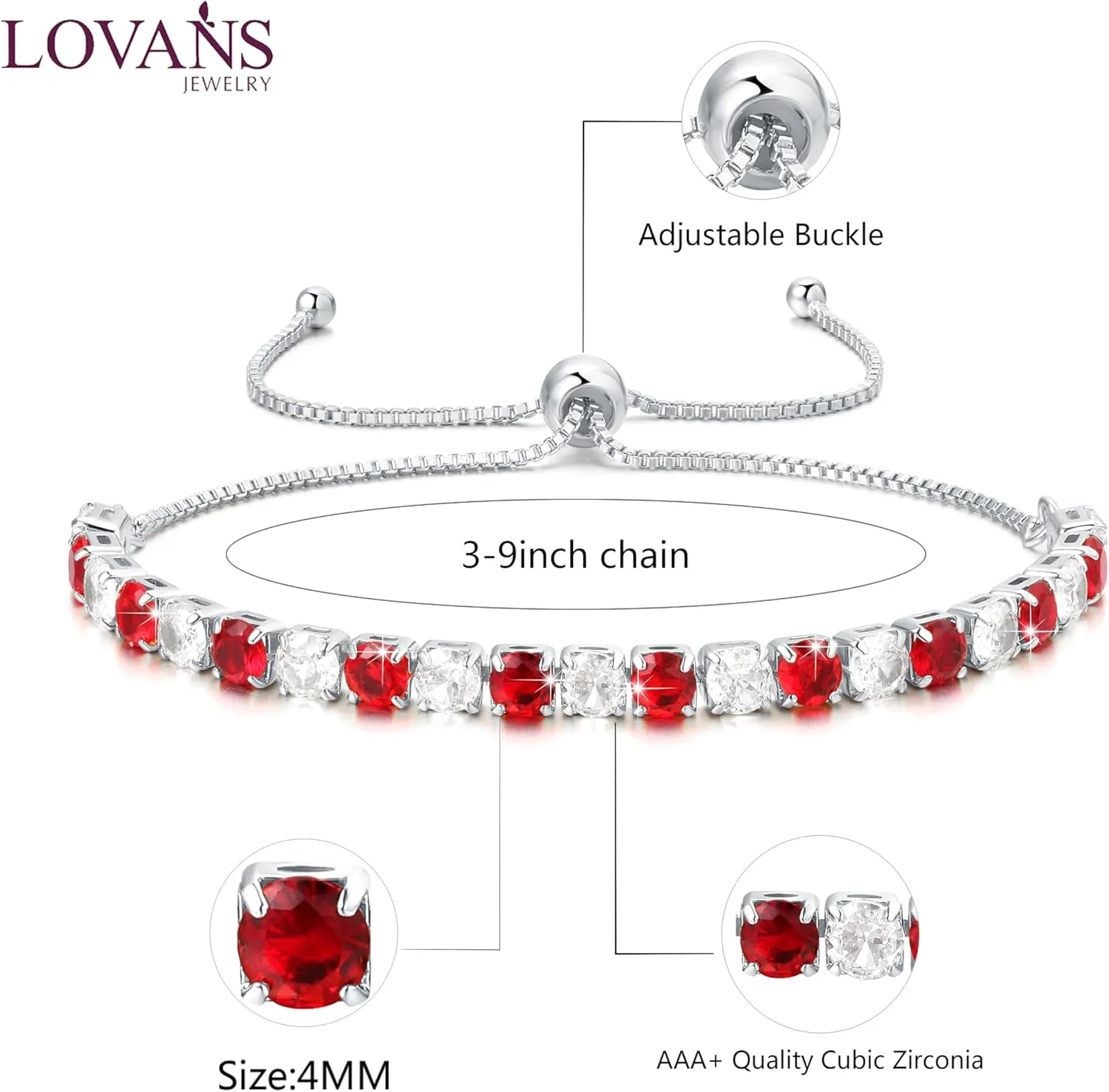 Lovans Tennis Bracelets for Women Cubic Zirconia Bracelet in Silver/Gold/Rose Gold Adjustable Bracelet in Size 3-9inch Fashion Jewelry Gifts