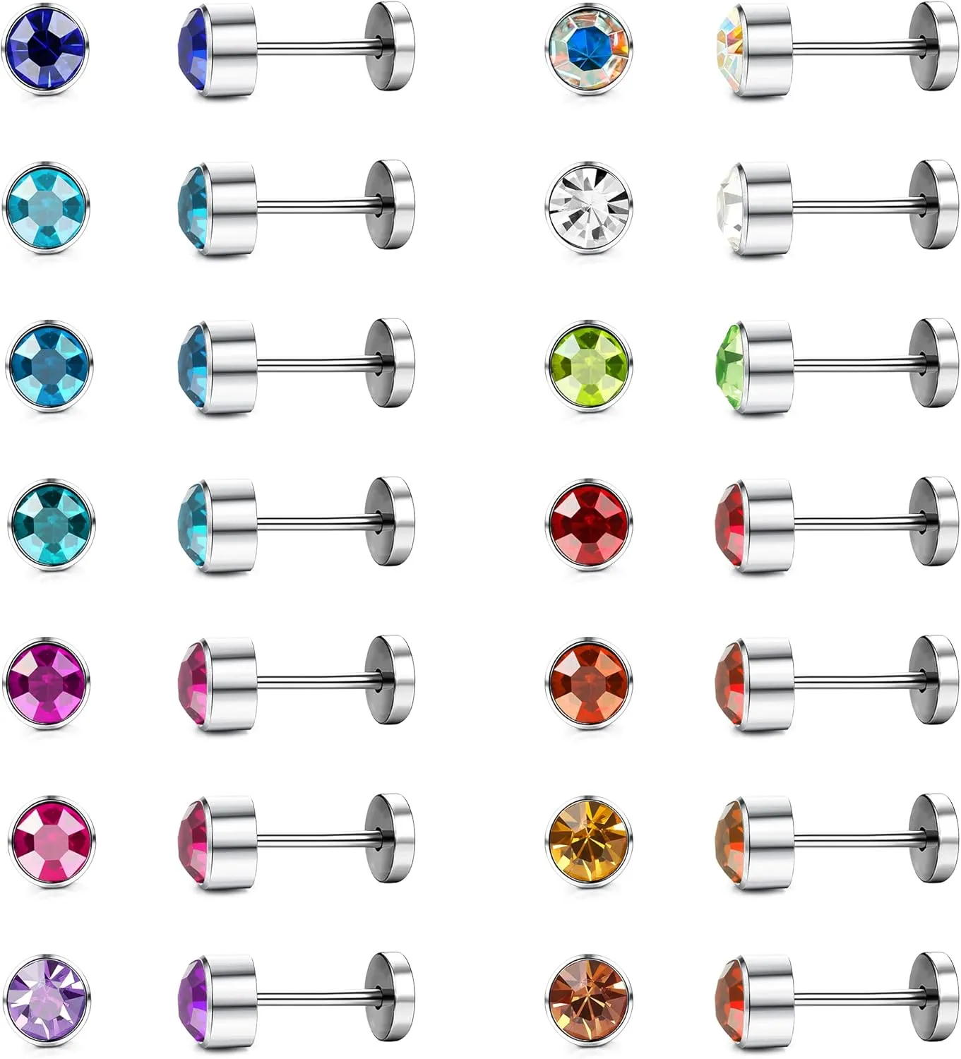 LOYALLOOK 14Pairs Stainless Steel CZ Stud Earrings for Women Men Multicolor Cubic Zirconia Flatback Earrings Pave Crystal Disco Ball Earrings with Flatback Cartilage Helix Earrings Set 20G
