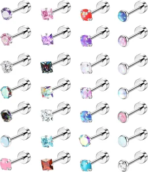 LOYALLOOK 28Pcs Hypoallergenic Stud Earrings Set for Women Men 316L Stainless Steel Cartilage Flat Back Stud Earrings CZ Opal Screwback Earrings Studs Piercing Jewelry Multicolored 20G