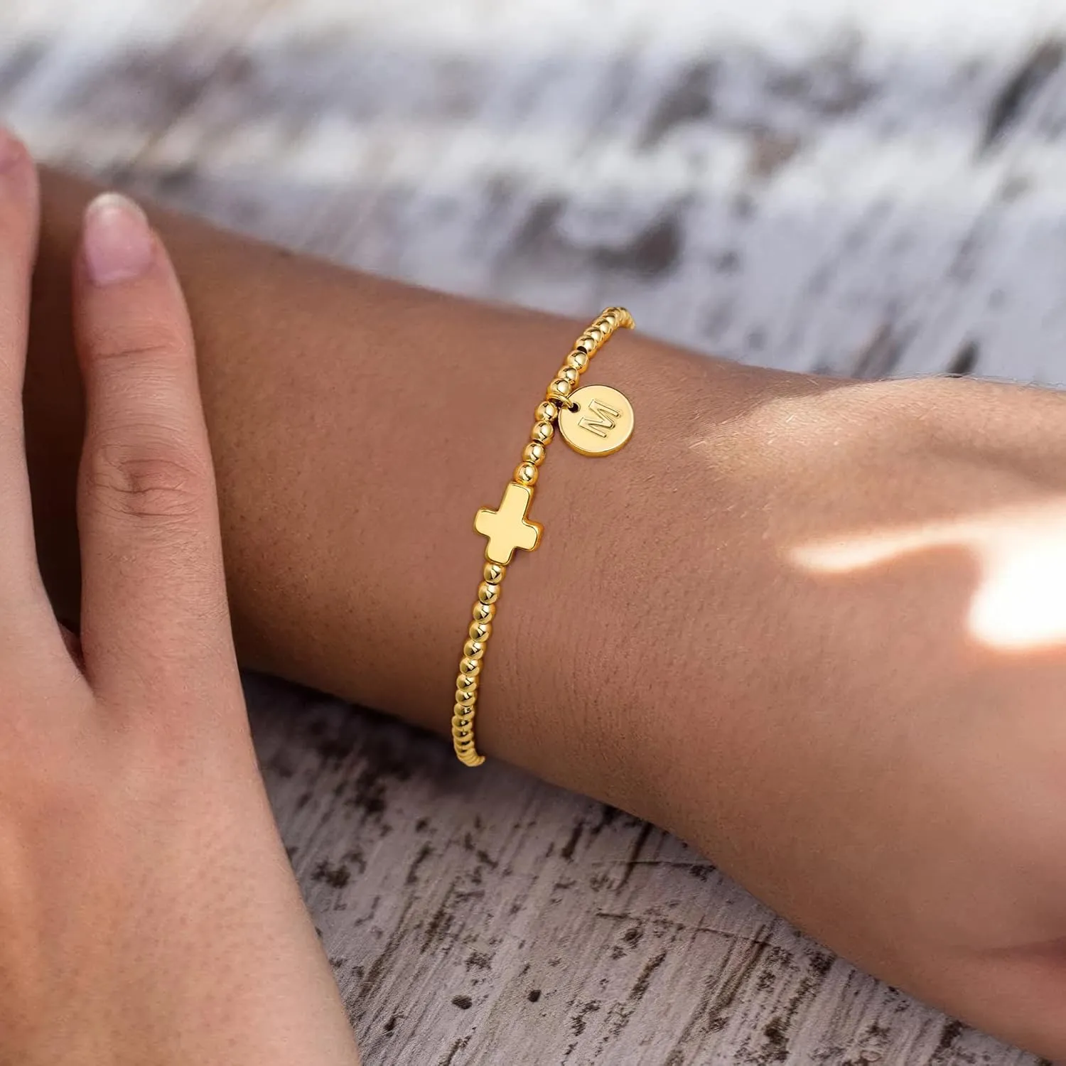 M MOOHAM Initial Bracelets for Women - Cross Bracelet for Womens Letter A-Z Cross Bracelet Gold Beaded Bracelets Dainty Small Jewelry, Religious Christian Gifts for Women