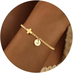 M MOOHAM Initial Bracelets for Women - Cross Bracelet for Womens Letter A-Z Cross Bracelet Gold Beaded Bracelets Dainty Small Jewelry, Religious Christian Gifts for Women