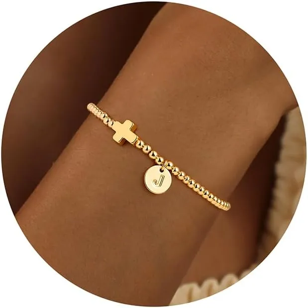 M MOOHAM Initial Bracelets for Women - Cross Bracelet for Womens Letter A-Z Cross Bracelet Gold Beaded Bracelets Dainty Small Jewelry, Religious Christian Gifts for Women