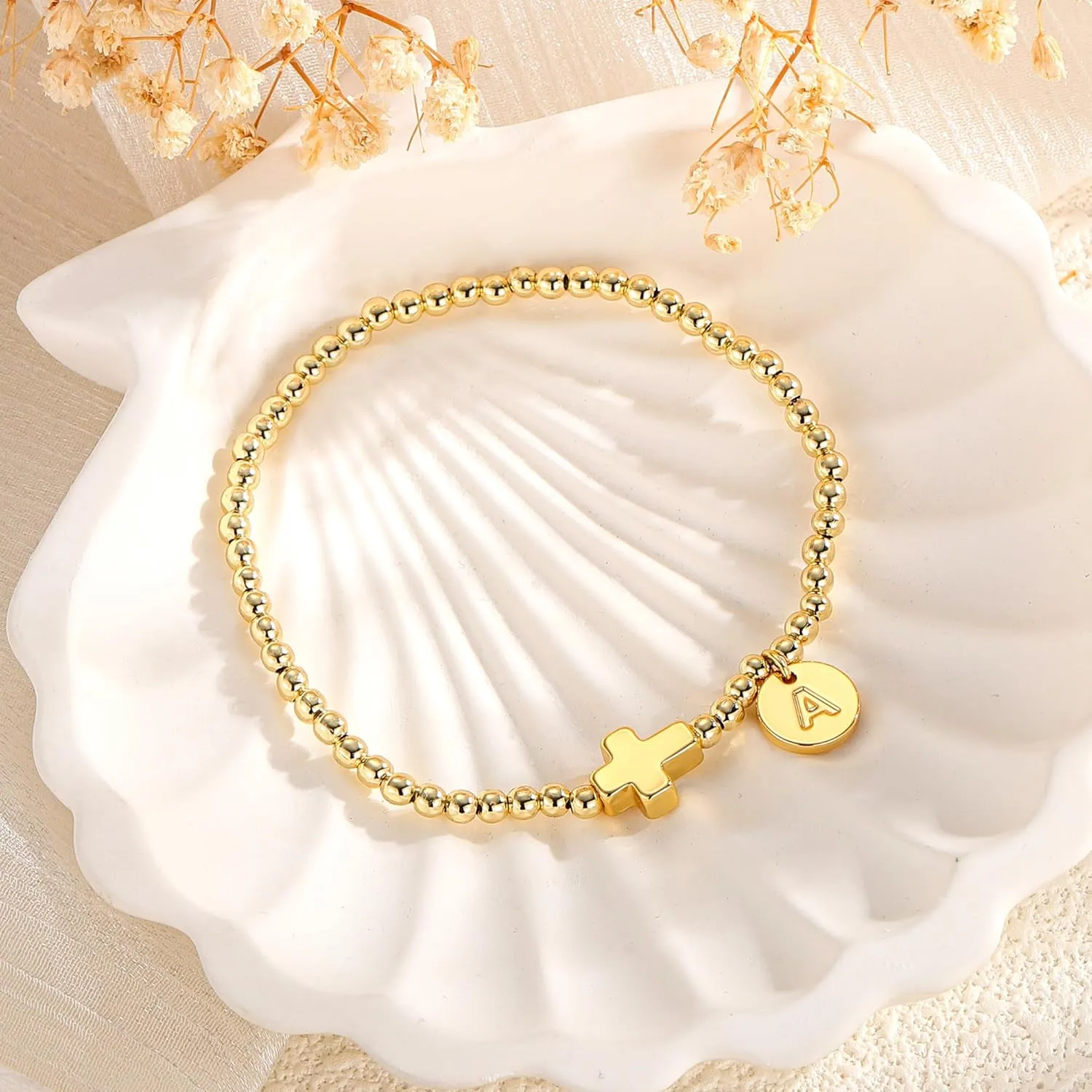 M MOOHAM Initial Bracelets for Women - Cross Bracelet for Womens Letter A-Z Cross Bracelet Gold Beaded Bracelets Dainty Small Jewelry, Religious Christian Gifts for Women