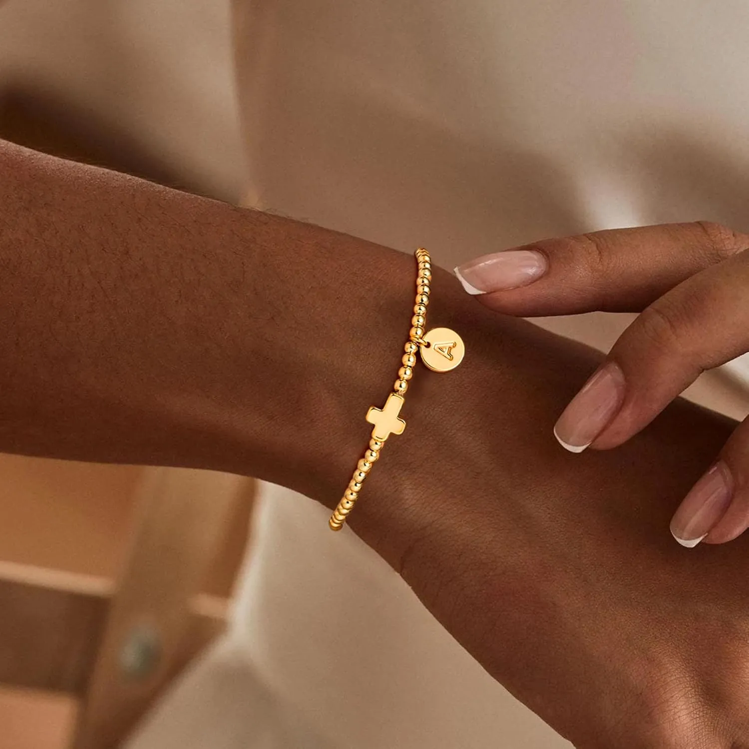 M MOOHAM Initial Bracelets for Women - Cross Bracelet for Womens Letter A-Z Cross Bracelet Gold Beaded Bracelets Dainty Small Jewelry, Religious Christian Gifts for Women