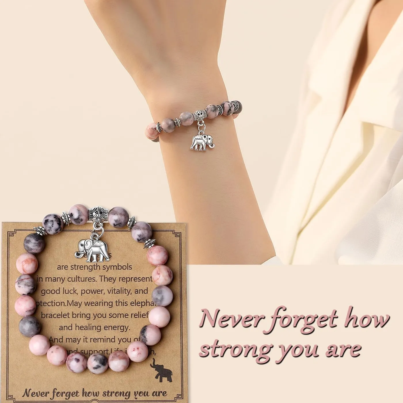 MAIBAOTA Elephant Gifts for Women, Elephant Bracelet, Motivational Get Well Soon Gifts for Women, Strength Bracelets for Women, Anxiety Bracelet, 8 mm Stretch Natural Stone Beaded Bracelets