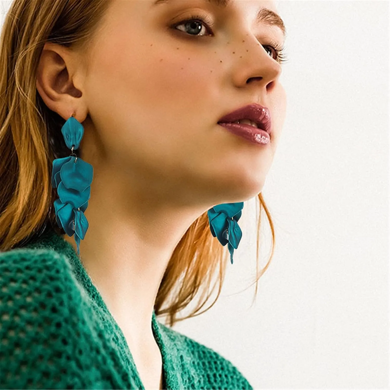 MALOYANVE Acrylic Rose Petal Dangle Studs Earrings for Women Long Exaggerated Flower Gold Plated Dangling Drop Statement Floral Tassel Earrings